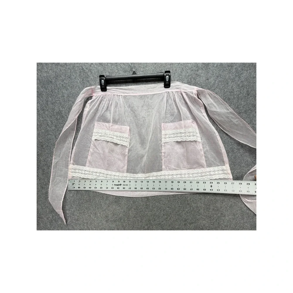Vintage Sheer Pink Organza Half Apron White Lace Trim Two Pockets Hostess MCM